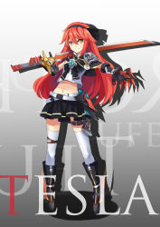 Rule 34 | 1girl, absurdres, black skirt, blush, brown eyes, full body, hairband, highres, holding, holding sword, holding weapon, long hair, looking at viewer, navel, original, parted lips, qihai lunpo, red hair, skirt, smile, solo, sword, teeth, thighhighs, weapon, white thighhighs