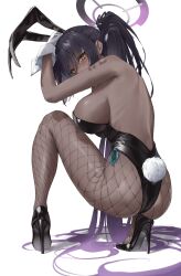 Rule 34 | 1girl, absurdres, adjusting hair, animal ears, arm tattoo, arm up, ass, black footwear, black leotard, blue archive, blush, breasts, commentary request, dark-skinned female, dark skin, fake animal ears, fake tail, fishnet pantyhose, fishnets, from behind, gloves, gradient hair, halo, high heels, highleg, highleg leotard, highres, karin (blue archive), karin (bunny) (blue archive), large breasts, leotard, long hair, looking at viewer, looking back, multicolored hair, official alternate costume, official alternate hairstyle, pantyhose, playboy bunny, ponytail, purple hair, purple halo, rabbit ears, rabbit tail, renge (730), sideboob, simple background, solo, squatting, strapless, strapless leotard, tail, tattoo, very long hair, white background, white gloves, white wrist cuffs, wrist cuffs, yellow eyes