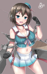 Rule 34 | 10s, 1girl, :, :d, ascot, bad id, bad pixiv id, bare shoulders, beret, black gloves, blue eyes, blush, breasts, brown hair, choker, cleavage, crop top, flexing, gloves, hat, headgear, jotarozaku, kantai collection, large breasts, looking at viewer, machinery, maya (kancolle), maya kai ni (kancolle), midriff, mini hat, miniskirt, navel, open mouth, pleated skirt, short hair, skirt, smile, solo, white skirt