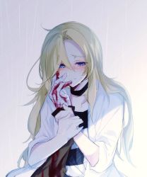 Rule 34 | 1boy, 1girl, bandages, black choker, blonde hair, blood, blood on hands, bloody bandages, blue eyes, blush, choker, chunnkoromochi, closed mouth, collarbone, commentary request, crying, gradient background, grey background, hair between eyes, holding, isaac foster, jacket, long hair, long sleeves, looking at viewer, nose blush, open clothes, open jacket, rachel gardner, satsuriku no tenshi, shade, shadow, shirt, simple background, striped clothes, striped shirt, upper body, very long hair, white jacket