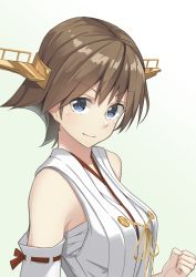 Rule 34 | 1girl, bare shoulders, blue eyes, brown hair, clenched hand, commentary request, detached sleeves, hair between eyes, hiei (kancolle), hiei kai ni (kancolle), highres, japanese clothes, kantai collection, looking at viewer, negahami, nontraditional miko, ribbon-trimmed sleeves, ribbon trim, sarashi, short hair, solo