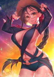 Rule 34 | 1girl, black hair, braid, breasts, brown hair, cleavage, commentary request, ear piercing, fate/grand order, fate (series), from below, glasses, hair ornament, hat, holding, large breasts, long hair, looking at viewer, navel, parted bangs, piercing, red-framed eyewear, red ribbon, revealing clothes, ribbon, rotix, single braid, solo, teeth, very long hair, yellow eyes, yu mei-ren (fate), yu mei-ren (festival outfit) (fate)