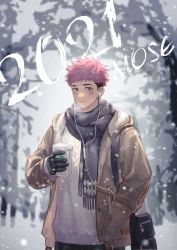 Rule 34 | 1boy, 2021, alternate costume, beige jacket, black hair, black scarf, breath, brown eyes, cup, disposable cup, facial mark, happy new year, highres, hood, hooded jacket, itadori yuuji, jacket, jujutsu kaisen, looking at viewer, male focus, mosi l, new year, pink hair, scarf, short hair, snowing, solo, spiked hair, sweater, undercut, upper body, white sweater, winter clothes