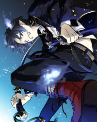 Rule 34 | 1boy, ao no exorcist, black hair, blue eyes, flame-tipped tail, grin, male focus, necktie, okumura rin, one eye closed, pointy ears, redm056, smile, solo, striped necktie, striped neckwear, sword, weapon, wink