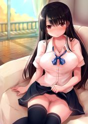 Rule 34 | 1girl, black skirt, black thighhighs, blue bow, blue sky, blurry, blurry background, blush, bow, breasts, brown hair, cleft of venus, closed mouth, clothes lift, cloud, collarbone, commentary request, couch, curtains, day, depth of field, dress shirt, hair between eyes, indoors, lifting own clothes, long hair, looking at viewer, medium breasts, nicoby, no panties, nose blush, on couch, original, plaid, plaid bow, pleated skirt, pussy, red eyes, reflective floor, school uniform, shirt, short sleeves, skirt, skirt lift, sky, smile, solo, thighhighs, very long hair, white shirt, window, wooden floor