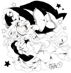 Rule 34 | 1girl, blush, bow, braid, breasts, cleavage, dated, finger to mouth, grin, hair bow, hat, index finger raised, iroyopon, kirisame marisa, long hair, looking at viewer, medium breasts, monochrome, one eye closed, open mouth, signature, smile, solo, star (symbol), teeth, touhou, witch hat