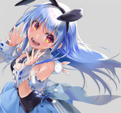Rule 34 | 1girl, :d, alternate hairstyle, animal ears, armpit crease, bare shoulders, black dress, black necktie, blue hair, blue ribbon, blue skirt, blush, breasts, buttons, commentary, cropped legs, detached sleeves, don-chan (usada pekora), dress, eretto, extra ears, fake animal ears, floating hair, frilled sleeves, frills, fur scarf, hair over eyes, hands up, headband, hikimayu, hololive, long hair, looking at viewer, multicolored hair, necktie, open mouth, orange eyes, pleated skirt, puffy sleeves, rabbit-shaped pupils, rabbit ears, rabbit girl, rabbit tail, ribbon, scarf, short eyebrows, short sleeves, simple background, skirt, small breasts, smile, solo, solo focus, symbol-shaped pupils, tail, thick eyebrows, two-tone hair, usada pekora, usada pekora (furi furi bunny dress), virtual youtuber, white background, white hair, white scarf, wrist cuffs
