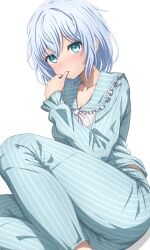 Rule 34 | 1girl, absurdres, aqua eyes, bang dream!, blue pajamas, blue pants, blue shirt, blush, bow, bowtie, breasts, cleavage, closed mouth, commentary, feet out of frame, finger to mouth, frilled shirt collar, frills, grey hair, hair between eyes, hand up, highres, knee up, kurata mashiro, looking at viewer, medium breasts, medium hair, midriff peek, nose blush, noshimurin, pajamas, pants, raised eyebrows, shirt, simple background, sitting, solo, striped clothes, striped pajamas, striped pants, striped shirt, white background, white bow, white bowtie