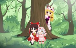 Rule 34 | ascot, bow, covering own mouth, forest, frown, hair bow, hakurei reimu, kouki ht, looking to the side, nature, open mouth, remilia scarlet, sleeping, sleeping on person, sleeping upright, smile, touhou, tree, yakumo yukari