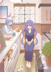 Rule 34 | 2girls, alternate costume, analog clock, animal ears, apple, area 15, bell pepper, blonde hair, blouse, blue hair, carrot, casual, checkerboard cookie, chocolate chip cookie, clock, closed eyes, commentary request, cookie, cup, curtains, earrings, food, fruit, highres, holding, holding cup, hololive, hololive fantasy, hololive indonesia, jewelry, ladle, lemon, lime (fruit), long hair, long sleeves, moona hoshinova, mug, multicolored hair, multiple girls, pekomon (usada pekora), orange (fruit), painting (object), pajamas, pen, pepper, plant, planter, purple eyes, purple hair, purple pajamas, rabbit ears, rabbit girl, shirt, sidelocks, spatula, spring onion, star (symbol), steam, towel, two-tone hair, usada pekora, very long hair, vines, virtual youtuber, wafer stick, white shirt, window, yurai0739