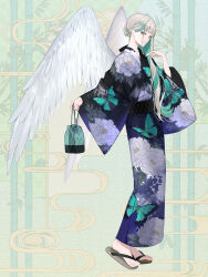 Rule 34 | 1boy, ame tyaya, androgynous, angel wings, animal print, aqua hair, bag, bamboo, black kimono, black sash, blonde hair, blunt bangs, braid, butterfly print, chain paradox, closed mouth, colored inner hair, floral print, french braid, full body, green eyes, hair bun, hair over shoulder, half updo, hand on own chest, highres, holding, holding bag, japanese clothes, kimono, kinchaku, long hair, long sleeves, looking at viewer, male focus, multicolored hair, outstretched arm, peony print, pouch, sandals, sash, seigaiha, sideways glance, single hair bun, smile, solo, standing, streaked hair, tsuitachi akio, white wings, wide sleeves, wings, yagasuri, yukata, zouri