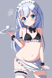Rule 34 | 1girl, absurdres, alternate costume, apron, bare shoulders, bikini, black bikini, black bow, black bowtie, black bra, blue eyes, blue hair, blush, bow, bowtie, bra, breasts, bridal garter, closed mouth, collar, collarbone, commentary request, cup, frilled apron, frilled cuffs, frills, gochuumon wa usagi desu ka?, grey background, hair between eyes, hair ornament, highres, holding, holding tray, kabocya na, kafuu chino, light blue hair, long hair, looking at viewer, maid headdress, navel, no panties, plate, simple background, small breasts, solo, stomach, swimsuit, thighhighs, tray, underwear, waist apron, white apron, white collar, white thighhighs, wrist cuffs, x hair ornament