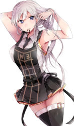 Rule 34 | 1girl, apron, armpits, azur lane, bad id, bad pixiv id, bare shoulders, between breasts, black necktie, blush, breasts, closed mouth, clothes writing, collared shirt, cowboy shot, enterprise (azur lane), eyes visible through hair, hair between eyes, hair tie, hair tie in mouth, hand in own hair, hat, highres, large breasts, long hair, looking at viewer, mikumo shinden, miniskirt, mouth hold, necktie, necktie between breasts, peaked cap, purple eyes, shirt, sidelocks, silver hair, simple background, skirt, sleeveless, sleeveless shirt, smile, solo, thighhighs, thighs, tying hair, very long hair, white background, white shirt