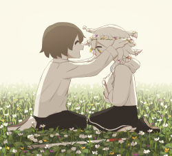 Rule 34 | &gt; &lt;, 1boy, 1girl, :d, absurdres, avogado6, black footwear, black pants, black skirt, blind, blue eyes, brown hair, cane, child, closed eyes, closed mouth, commentary request, couple, field, flower, flower field, from side, head wreath, hetero, highres, long sleeves, multicolored eyes, open mouth, original, pants, profile, seiza, shoes, sitting, skirt, smile, snake, snake hair, white cane, white flower, white footwear, white hair, wide-eyed, wreath, yellow eyes