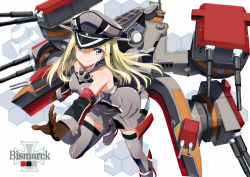 Rule 34 | 10s, 1girl, anchor, bare shoulders, bismarck (kancolle), blonde hair, blue eyes, brown gloves, character name, detached sleeves, gloves, gotyou, grey thighhighs, hat, highres, kantai collection, long hair, machinery, peaked cap, smile, solo, thighhighs
