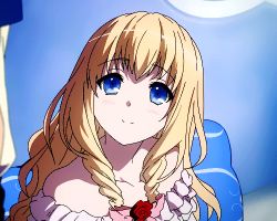 Rule 34 | 10s, 1girl, amagi brilliant park, animated, animated gif, bare shoulders, blonde hair, blue eyes, facing viewer, female focus, latifa fleuranza, looking at viewer, lowres, smile, solo, tagme