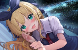 Rule 34 | 1girl, :d, akabane (zebrasmise), ascot, black hairband, blonde hair, blush, commentary request, green eyes, hairband, long hair, looking at viewer, lying, mononobe alice, mononobe alice (3rd costume), night, night sky, nijisanji, on side, open mouth, outdoors, puffy short sleeves, puffy sleeves, red ascot, short sleeves, sky, smile, solo, star (sky), starry sky, virtual youtuber