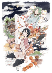 Rule 34 | 2boys, apron, architecture, autumn leaves, barefoot, bench, black hair, black pants, blue shirt, blue sleeves, border, chopsticks, closed eyes, cloud, collarbone, cup ramen, dango, dumpling, east asian architecture, food, frown, full body, full moon, green hair, green hairband, grey apron, h kawa, hair over shoulder, hairband, highres, hill, holding, holding chopsticks, holding stuffed toy, hood, hood down, hoodie, jiaozi, knee up, kneeling, long hair, long sleeves, loose hair strand, lying, makishima yuusuke, male focus, mole, mole under mouth, moon, multiple boys, night, night sky, on back, open mouth, oversized object, pants, parted lips, plate, red hood, red hoodie, red sleeves, shirt, short hair, shrine, sky, sleeping, smile, star (sky), starry sky, steam, stuffed animal, stuffed toy, sweatdrop, teddy bear, toes, torii, toudou jinpachi, tree, wagashi, white background, white border, white pants, yowamushi pedal