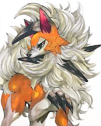 Rule 34 | animal focus, claws, closed mouth, creatures (company), fluffy, game freak, gen 7 pokemon, green eyes, half-closed eyes, highres, looking to the side, lycanroc, lycanroc (midday), marker (medium), mofuo, nintendo, no humans, pokemon, pokemon (creature), simple background, solo, standing, traditional media, white background