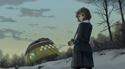 Rule 34 | 1girl, bare tree, black eyes, black jacket, black pantyhose, black skirt, blazer, bob cut, cable, camera, camera around neck, commentary, dusk, expressionless, gradient sky, highres, holding, holding camera, jacket, original, outdoors, pantyhose, pleated skirt, scenery, science fiction, skirt, sky, snow, solo, spacecraft, symbol-only commentary, tree, turning head, ufo, winter, yoshiryuu