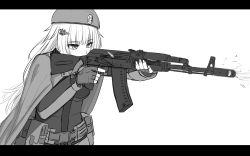 Rule 34 | absurdres, ak-74m, ak74m (girls&#039; frontline), ammunition pouch, assault rifle, belt, beret, casing ejection, cloak, commentary request, cowboy shot, eyebrows hidden by hair, fingerless gloves, firing, girls&#039; frontline, gloves, greyscale, gun, hair ornament, hairclip, hat, highres, holding, holding gun, holding weapon, kalashnikov rifle, letterboxed, long hair, long sleeves, monochrome, muzzle, muzzle flash, pouch, rifle, shell casing, shirt, sidelocks, tactical clothes, utility belt, weapon, white background, yakob labo