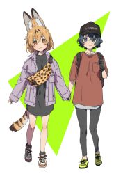 Rule 34 | 2girls, :3, alternate costume, animal ear fluff, animal ears, backpack, bad id, bad twitter id, bag, black eyes, black gloves, black hair, black leggings, blonde hair, casual, commentary request, extra ears, full body, gloves, hair between eyes, hat, holding hands, holding strap, jacket, kaban (kemono friends), kemono friends, leggings, long sleeves, looking at viewer, multiple girls, print bag, red shirt, serval (kemono friends), serval print, serval tail, shirt, short hair, simple background, sleeves past wrists, smile, sumida00rio, tail, white background, yellow eyes
