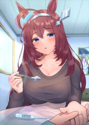 Rule 34 | 1girl, absurdres, ahoge, alternate costume, animal ears, blue eyes, blush, breasts, brown hair, cleavage, collarbone, commentary request, digital thermometer, dress, ear ornament, hair between eyes, hair ornament, highres, holding, holding hands, holding spoon, horse ears, horse girl, komugikokonko, large breasts, long hair, looking at viewer, mihono bourbon (umamusume), parted lips, pov, rice porridge, solo focus, spoon, thermometer, umamusume, wedding dress