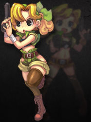 Rule 34 | 1girl, bandages, bandana, belt, blonde hair, boots, brown thighhighs, chibi, cross-laced footwear, earrings, gun, handgun, jewelry, kasamoto eri, lace-up boots, metal slug, midriff, military, official art, pistol, ponytail, short shorts, shorts, sleeves rolled up, snk, strapless, stud earrings, thighhighs, tube top, vest, weapon