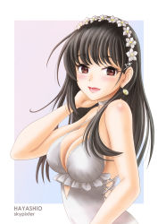 Rule 34 | 1girl, artist name, black hair, casual one-piece swimsuit, character name, choker, commentary request, cosplay, criss-cross halter, earrings, flower, food-themed earrings, food themed earrings, frilled one-piece swimsuit, frilled swimsuit, frills, hair flower, hair ornament, hairband, halterneck, hayashio (kancolle), highres, jewelry, kantai collection, lemon earrings, long hair, looking at viewer, mole, mole under eye, one-piece swimsuit, red eyes, sagiri (kancolle), sagiri (kancolle) (cosplay), skypixter, solo, swimsuit, upper body, white choker, white one-piece swimsuit