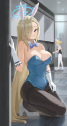 Rule 34 | 1girl, 26th, absurdres, animal ears, aqua leotard, asuna (blue archive), asuna (bunny) (blue archive), blonde hair, blue archive, blue eyes, blue ribbon, bow, bowtie, braid, breasts, brown pantyhose, detached collar, elbow gloves, fake animal ears, french braid, gloves, hair bun, hair over one eye, hair ribbon, halo, highres, indoors, large breasts, leotard, light brown hair, long hair, looking back, official alternate costume, pantyhose, playboy bunny, rabbit ears, ribbon, short hair, single hair bun, smile, strapless, strapless leotard, thighband pantyhose, toki (blue archive), traditional bowtie, washing machine