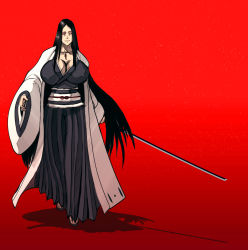Rule 34 | 1girl, absurdres, black hair, bleach, breasts, captain uniform, coat, female focus, highres, jacket, japanese clothes, katana, kimono, large breasts, long hair, looking to the side, mature female, smile, solo, sword, unohana retsu, very long hair, weapon