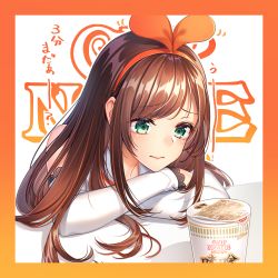 Rule 34 | 1girl, aqua eyes, arm support, bare shoulders, blush, border, brown hair, closed mouth, commentary request, detached sleeves, hair ribbon, hairband, highres, kitazume kumie, kizuna ai, kizuna ai inc., long hair, long sleeves, multicolored hair, nissin cup noodle, orange border, orange hair, orange hairband, orange ribbon, ribbon, sleeves past wrists, solo, streaked hair, swept bangs, table, tareme, text background, translation request, upper body, virtual youtuber