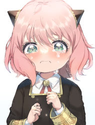 Rule 34 | 1girl, anya (spy x family), black dress, blush, child, closed mouth, collared shirt, commentary request, crying, crying with eyes open, dress, eyebrows hidden by hair, green eyes, hair between eyes, highres, kayanogura, long sleeves, looking at viewer, pink hair, shirt, simple background, solo, spy x family, tears, upper body, wavy mouth, white background, white shirt
