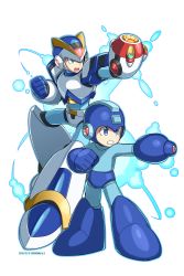 Rule 34 | 2boys, android, arm cannon, aura, blue eyes, capcom, character name, clenched hand, dated, first armor x (mega man), green eyes, height difference, helmet, highres, male focus, mega man (character), mega man (classic), mega man (series), mega man x (series), multiple boys, no humans, open mouth, robot, simple background, tonami kanji, weapon, white background, x (mega man)