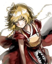 Rule 34 | 1other, androgynous, antenna hair, armor, blonde hair, braid, breastplate, bright pupils, closed mouth, colored eyelashes, commentary request, heart, heart-shaped pupils, heart antenna hair, hemo (hemoroda), japanese clothes, kimono, len&#039;en, long hair, ooama no ake no mitori, red kimono, simple background, sketch, sleeveless, sleeveless kimono, smile, solo, symbol-shaped pupils, twin braids, white background, white pupils, yellow eyes
