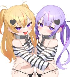 Rule 34 | 2girls, :d, black panties, blonde hair, braid, breasts, broken heart, chain, closed mouth, collar, commentary request, crop top, fang, hair ornament, heart, heart hair ornament, highres, long hair, long sleeves, looking at viewer, metal collar, multicolored hair, multiple girls, off-shoulder shirt, off shoulder, open mouth, orange hair, original, panties, purple eyes, purple hair, shirt, simple background, small breasts, smile, streaked hair, striped clothes, striped shirt, sweat, tsukiman, twintails, two side up, underwear, very long hair, white background