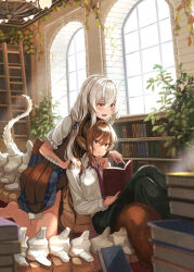 Rule 34 | 159cm, 2girls, :d, barefoot, blue skirt, blush, book, closed mouth, crossed legs, green pants, grey hair, highres, horns, indoors, library, long hair, mail-chan (159cm), monster girl, multiple girls, multiple horns, necktie, open book, open mouth, original, pants, pink necktie, pointing, reading, red eyes, scales, shirt, skeletal tail, skirt, smile, straddling, tail, very long tail, white shirt, wine-chan (159cm)