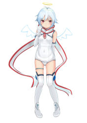 Rule 34 | 1girl, angel, angel wings, bare shoulders, between breasts, blue hair, blush, boots, breasts, commentary request, covered navel, djibril zero, elbow gloves, energy wings, female focus, flat chest, floating scarf, full body, gloves, halo, highres, jinno nagi, looking at viewer, magical girl, makai tenshi djibril, makai tenshi djibril 3, necktie, necktie between breasts, one-piece swimsuit, red eyes, scarf, school swimsuit, shochiku, short hair, simple background, small breasts, solo, swimsuit, swimsuit costume, thigh boots, thigh strap, thighhighs, thighs, white background, white footwear, white gloves, white one-piece swimsuit, white scarf, white thighhighs, wings