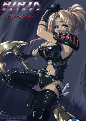 Rule 34 | 1girl, armor, armpits, axe, belt, black thighhighs, blonde hair, blue eyes, breasts, buckle straps, cleavage, cleavage cutout, clothing cutout, daniel fielding, earrings, elbow gloves, gloves, hammer, headband, jewelry, large breasts, leather, leather armor, leotard, ninja gaiden, one-piece swimsuit, ponytail, rachel (ninja gaiden), skin tight, solo, spiked spaulders, spikes, strap, studded leather, swimsuit, sword, thighhighs, weapon