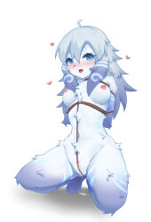 Rule 34 | 1girl, :d, absurdres, ahoge, animal ears, blue fur, blush, body fur, breasts, completely nude, furry, furry female, goat ears, green eyes, grey hair, heart, highres, kindred (league of legends), lalamedli, lamb (league of legends), league of legends, long hair, looking at viewer, medium breasts, nipples, nude, open mouth, pussy juice, rope, shibari, smile, solo, white fur, white hair