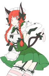 Rule 34 | 1girl, alternate costume, animal ears, black bow, bow, braid, cat ears, cat tail, dress, enmaided, flat color, garter straps, gloves, hair bow, jyaoh0731, kaenbyou rin, maid, multiple tails, nekomata, red eyes, red hair, solo, tail, tail bow, tail ornament, thighhighs, touhou, twin braids, two tails, underbust