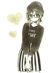 Rule 34 | 1girl, :o, anzu (o6v6o), beanie, casual, clothes writing, cowboy shot, earrings, glasses, gumi, hat, heart, jewelry, long sleeves, looking at viewer, nail, own hands together, short hair with long locks, simple background, skirt, solo, striped clothes, striped skirt, vertical-striped clothes, vertical-striped skirt, vocaloid, white background