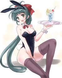 Rule 34 | alternate costume, animal ears, black leotard, black thighhighs, bow, bowtie, breasts, cleavage, detached collar, feet out of frame, green eyes, green hair, hair ribbon, irako (kancolle), kantai collection, kitagawa mikio, leotard, looking at viewer, medium breasts, one-hour drawing challenge, playboy bunny, ponytail, rabbit ears, rabbit tail, red bow, red bowtie, red ribbon, ribbon, simple background, smile, tail, thighhighs, white background, wrist cuffs