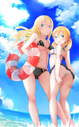 Rule 34 | 10s, 2girls, :o, adapted costume, ass, bikini, bismarck (kancolle), blonde hair, blue eyes, breasts, comah, gradient background, green eyes, halterneck, highres, innertube, kantai collection, long hair, medium breasts, multiple girls, navel, prinz eugen (kancolle), small breasts, standing, swim ring, swimsuit, twintails, underboob, water