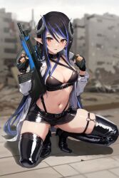 Rule 34 | 1girl, alternate costume, belt, belt collar, bikini, bikini top only, black belt, black bikini, black footwear, black gloves, black hair, black skirt, blue belt, blue hair, blurry, blurry background, blush, boots, breasts, brown eyes, brown nails, chest belt, city, cleavage, collar, commentary request, curled horns, demon girl, demon horns, earrings, fingerless gloves, fingernails, full body, gloves, goddess of victory: nikke, grey horns, gun, hair between eyes, hebiyoi tier, highres, holding, holding gun, holding magazine (weapon), holding weapon, horns, jacket, jewelry, kneeling, large breasts, latex, latex legwear, latex skirt, levin (765 hnst), long bangs, long hair, long sleeves, magazine (weapon), miniskirt, multicolored hair, nanashi inc., navel, open clothes, open jacket, outdoors, pointy ears, ruins, shadow, sidelocks, skirt, solo, swimsuit, thigh boots, two-tone hair, very long hair, virtual youtuber, weapon, white jacket