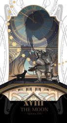 Rule 34 | 1boy, alphonse elric, animal, armor, bad id, bad twitter id, black cat, cat, character name, clock, commentary, different shadow, emmmerald, english commentary, flamel symbol, full armor, fullmetal alchemist, gloves, highres, kneeling, male focus, outstretched hand, profile, revision, shadow, star (symbol), tarot, tarot (medium), text focus, the moon (tarot)