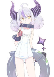 Rule 34 | 1girl, ahoge, bare shoulders, black nails, bracelet, collar, cup, double bun, drinking, flat chest, grey hair, hair bun, holding, holding cup, hololive, horns, innertube, jewelry, la+ darknesss, long hair, looking at viewer, multicolored hair, one-piece swimsuit, purple hair, school swimsuit, simple background, solo, streaked hair, swim ring, swimsuit, t-okada, tail, two-tone hair, virtual youtuber, white background, white one-piece swimsuit, yellow eyes