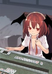 Rule 34 | 1girl, alternate hair length, alternate hairstyle, bat wings, blurry, blush, breasts, bright pupils, chair, collarbone, collared shirt, commentary request, depth of field, dress shirt, futatsuki eru, hair between eyes, head wings, highres, koakuma, looking at viewer, low wings, mahjong, mahjong table, necktie, partially unbuttoned, shirt, short hair, short sleeves, sitting, small breasts, smile, table, untied, white pupils, wings