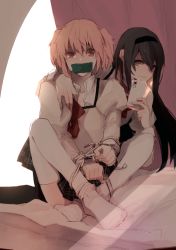 Rule 34 | 10s, 2girls, akemi homura, bdsm, black hair, bondage, bound, bound legs, bound wrists, cellphone, crossed ankles, femdom, gag, gagged, grin, hanyae, improvised gag, kaname madoka, long hair, mahou shoujo madoka magica, mahou shoujo madoka magica (anime), mirror, multiple girls, open clothes, open shirt, phone, pink hair, reflection, selfie, shirt, short twintails, sitting, skirt, smile, tape, tape gag, tears, thighhighs, twintails, uneven eyes, white legwear, wince, wrists to ankles, yuri