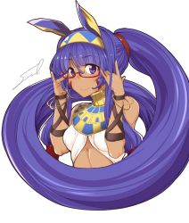 Rule 34 | 1girl, bangle, bespectacled, bracelet, commentary request, cropped torso, dark skin, dark-skinned female, egyptian clothes, facial mark, fate/grand order, fate (series), fue (rhomphair), glasses, hairband, jewelry, long hair, nitocris (fate), purple eyes, purple hair, red-framed eyewear, signature, simple background, smile, solo, upper body, very long hair, white background